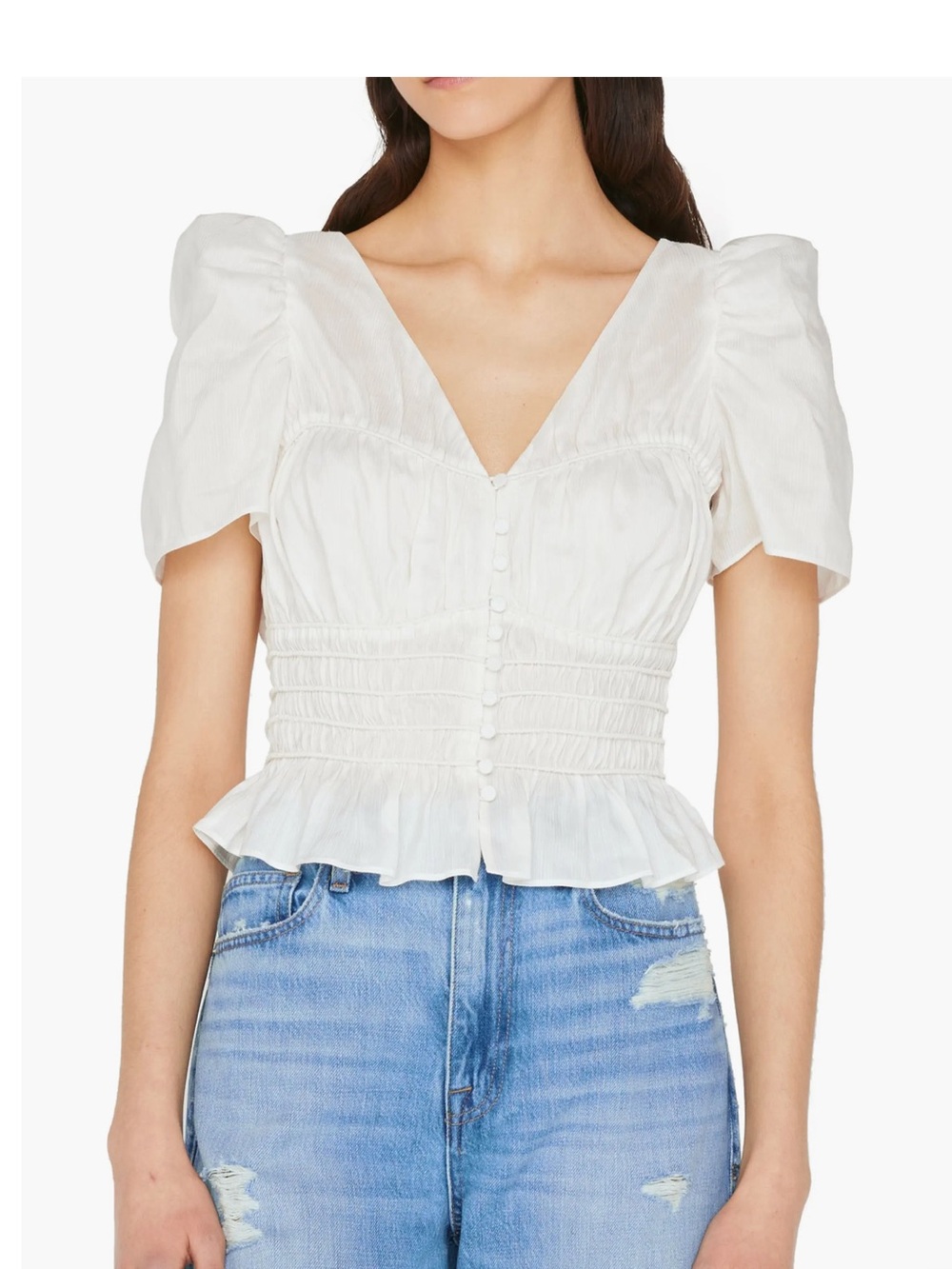 NWOT Frame Denim White Smocked Peplum Button-Front Blouse